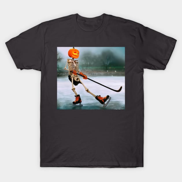 ce Hockey playing skeleton Halloween Digital Art Funny T-Shirt by Carroll MB Designs